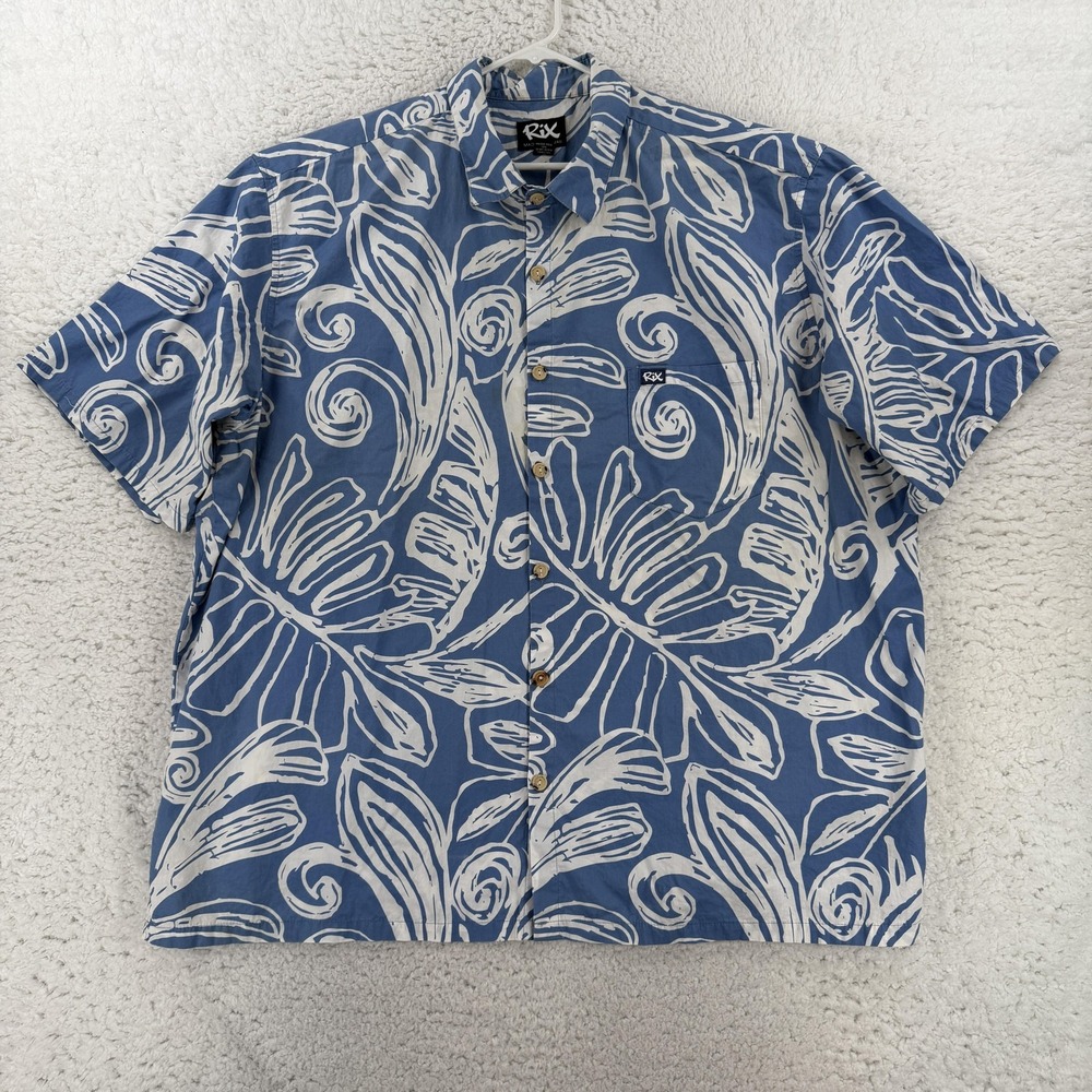 Rix Mens Big 4X Blue Floral Hawaiian Short Sleeve Button Up Shirt Made in USA